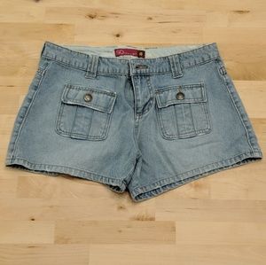 Light wash denim shorts, slightly distressed